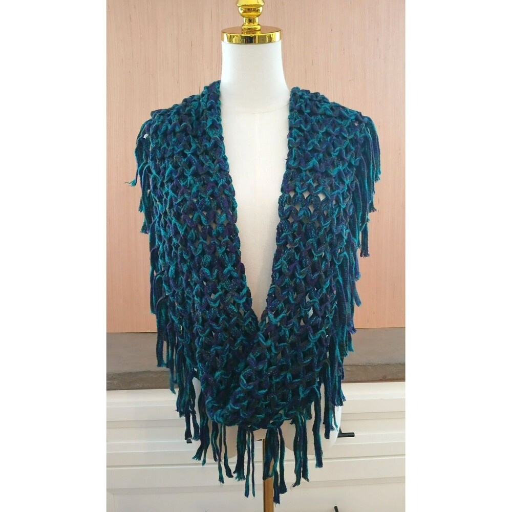 Mudd Women's Crochet Shawl Scarf Wrap with Fringes Blue Shimmer Glitter